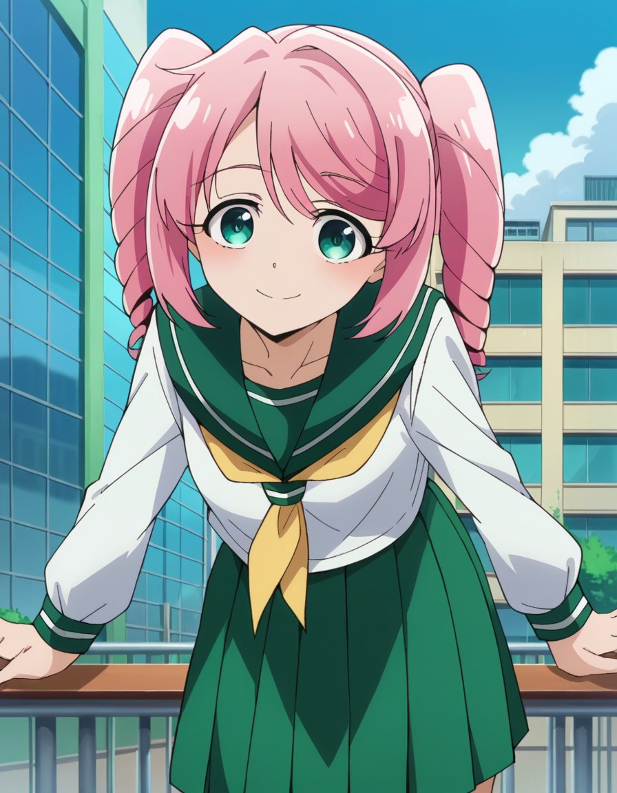 score_9, score_8_up, score_7_up, source_anime,harukahanabishi, <lora:haruka-hanabishi-ponyxl-lora-nochekaiser:1>haruka hanabishi, twintails, green eyes, pink hair,skirt, shirt, long sleeves, school uniform, white shirt, pleated skirt, serafuku, sailor collar, neckerchief, green skirt, green sailor collar,outdoors, cityscape, bent over, smile,looking at viewer, dutch angle, cowboy shot