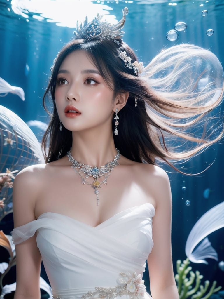 masterpiece, best quality, 1girl, air bubble, bare shoulders, breasts, bubble, dress, earrings, grey eyes, hair ornament, jewelry, long hair, necklace, solo, underwater, upper body, water, white dress, white hair