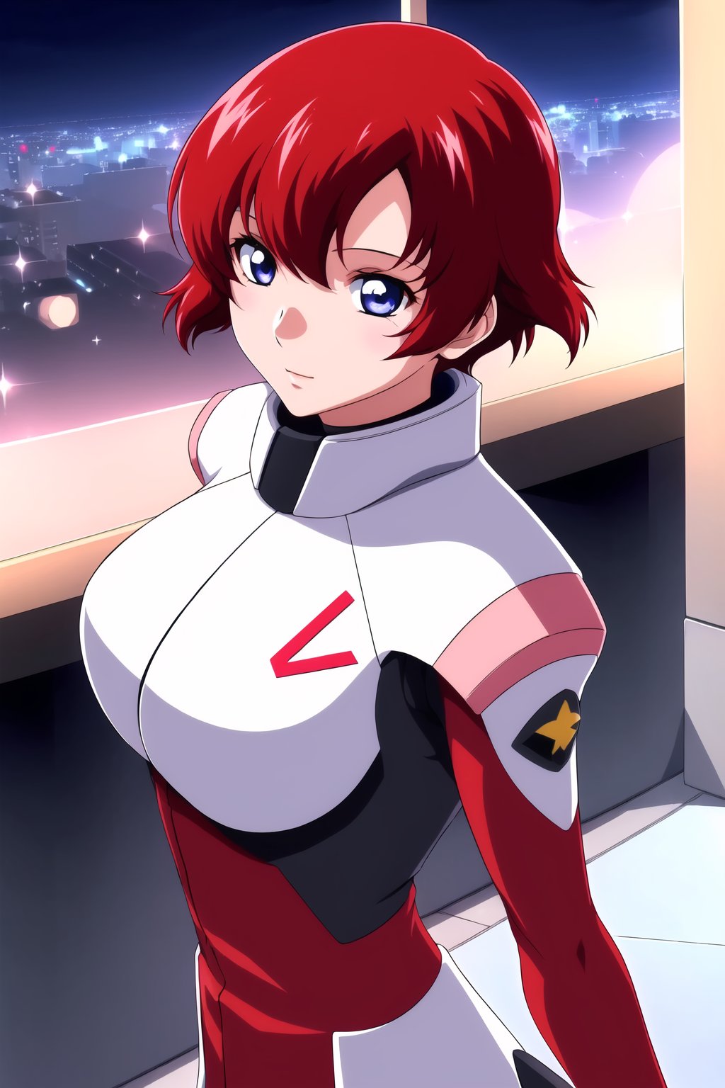 (Night:1.7), Japan, Tokyo, CityView, Before Window,Standing at attention,pink and white outfit,gloves,BodySuit,<lora:Mayura_Labatt_Gundam_seed-KK77-V1:0.7>,red hair, blue eyes,short hair,1 girl, 20yo,Young female,Beautiful Finger,Beautiful long legs,Beautiful body,Beautiful Nose,Beautiful character design, perfect eyes, perfect face,expressive eyes,looking at viewer, in the center of the image,(Upper_body),(close-Up),(Focus on her face),official art,extremely detailed CG unity 8k wallpaper, perfect lighting,Colorful, Bright_Front_face_Lighting,shiny skin,(masterpiece:1.0),(best_quality:1.0), ultra high res,4K,ultra-detailed,photography, 8K, HDR, highres, absurdres:1.2, Kodak portra 400, film grain, blurry background, bokeh:1.2, lens flare, (vibrant_color:1.2)(Beautiful,Breasts:1.0), (beautiful_face:1.5),(narrow_waist),