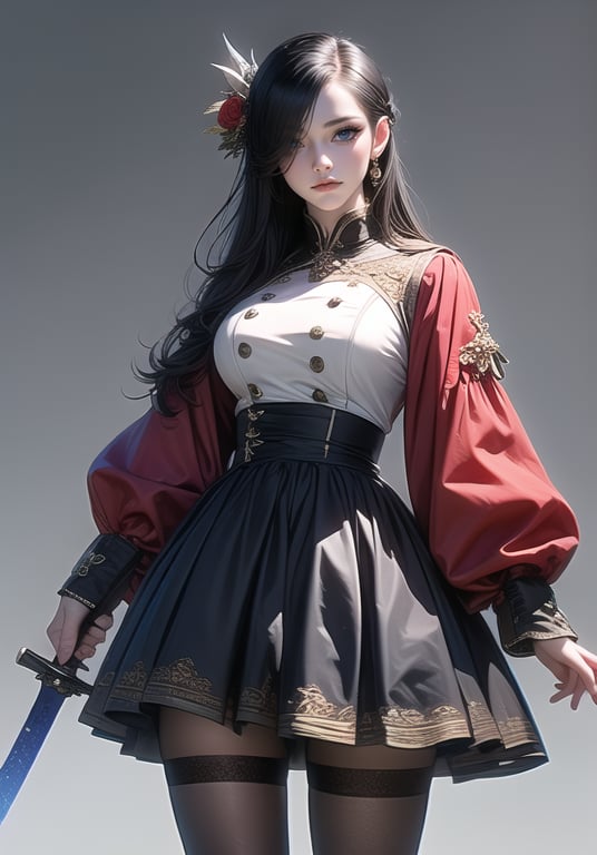 (best quality), ((masterpiece)), (highres), illustration, original, extremely detailed,1girl, solo, pantyhose, eyepatch, long hair, blue eyes, hair ornament, weapon, flower, breasts, skirt, bridal garter, black pantyhose, black hair, hair flower, white background, sword, uniform, simple background