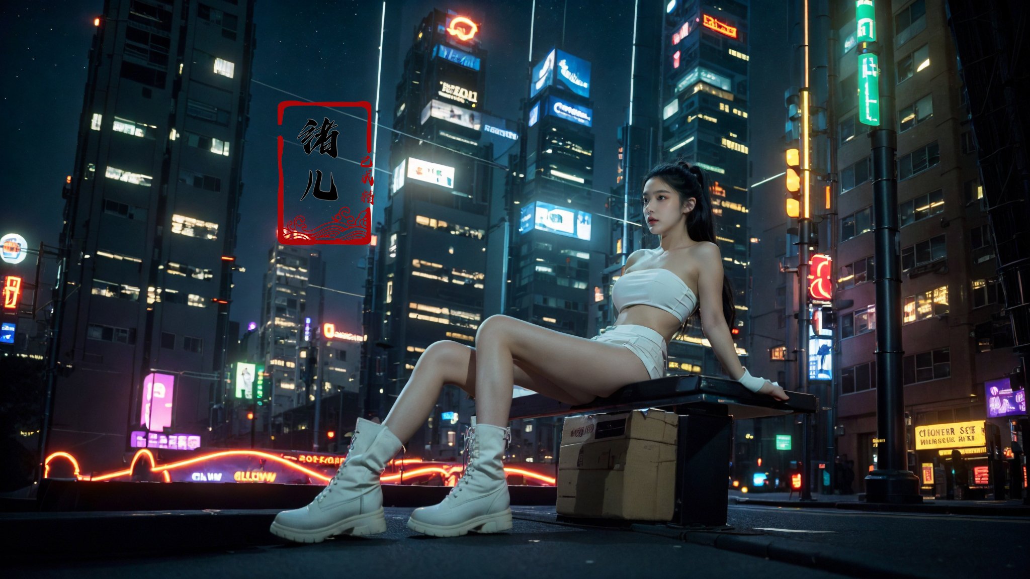 blurry, blurry_background, blurry_foreground, depth_of_field, motion_blur,1girl, cyberpunk, solo, science fiction, city, neon lights, sitting, night, building, strapless, breasts, hologram, skyscraper, boots, long hair, cityscape, thighhighs, sky, black hair, scenery, white footwear，(glow, light pollution:1.5)，(solo focus:1.7)，  <lora:绪儿-赛博城市场景 science cyber:0.7>