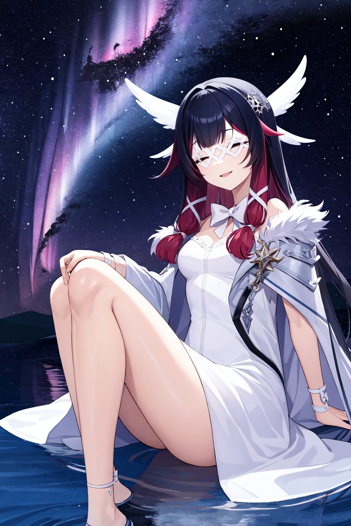 <lora:少女v2-000007:1:lbw=char>,shaonv,1girl,solo,white mask,head wings,fur-trimmed coat,smile,white coat,white bow,white dress,white ribbon,aurora,city lights,cloud,crescent moon,fireflies,horizon,light particles,milky way,moon,night,night sky,shore,sitting,sky,skyline,snowing,space,star \(sky\),starry background,starry sky,twilight,water,, (masterpiece,best quality,high quality:1.2),absurdres,