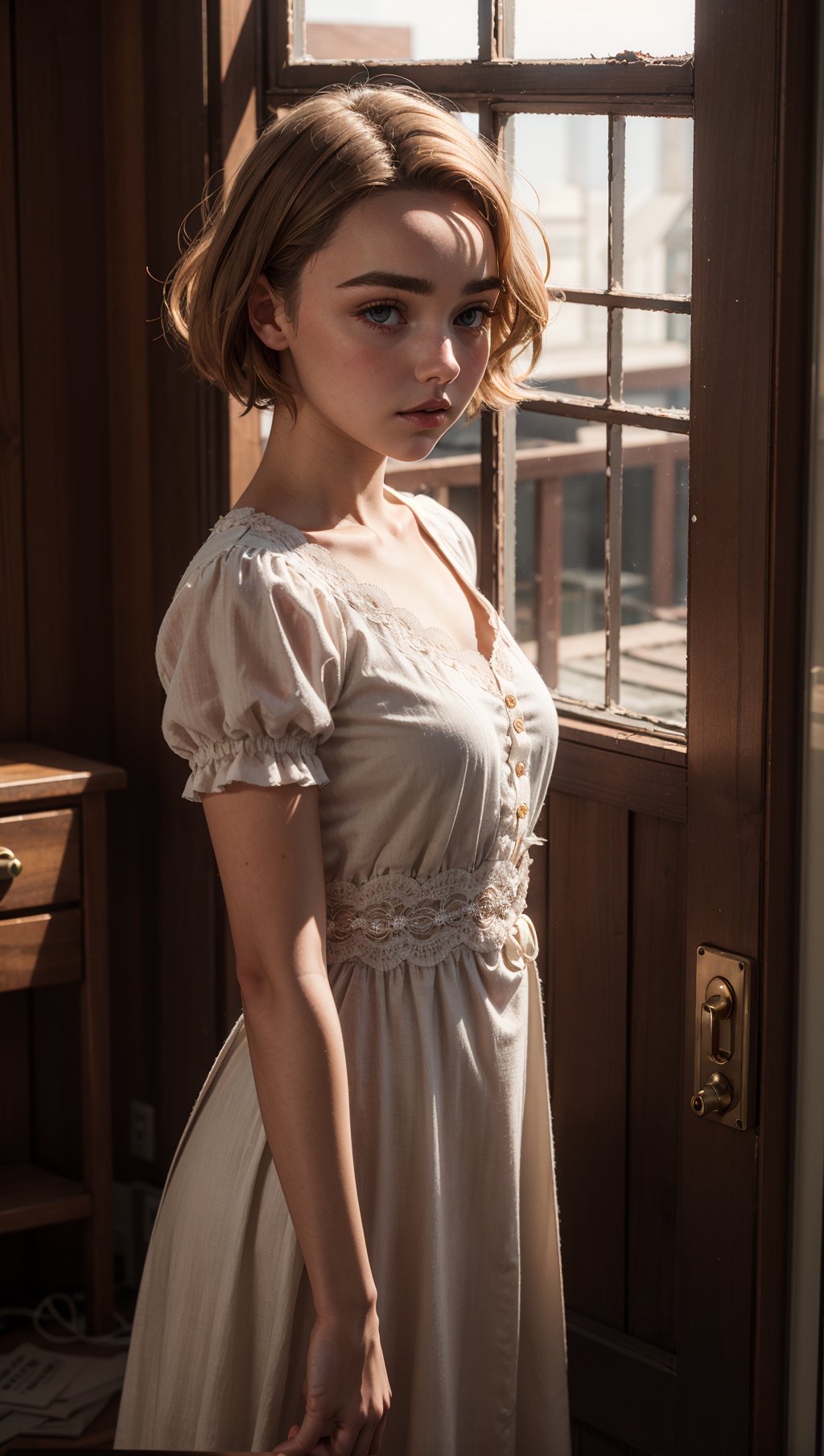 FlorencePugh,Parisienne dress,feminine pose,well-lit wooden structure,abandoned Wild West ghost town,late afternoon,colorful red orange yellow light,very emotional camera angle,medium format camera,in the style of (Life Magazine),