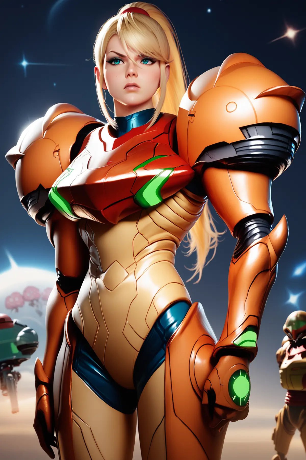 score_9, score_8_up, score_7_up, masterpiece, high quality<lora:Samus AranPonyLora:1> 1girl, long hair, ponytail, bangs, power suit (metroid), cowboy shot, annoyedon a spaceship, repair bay, soldiers, spaceshuttle