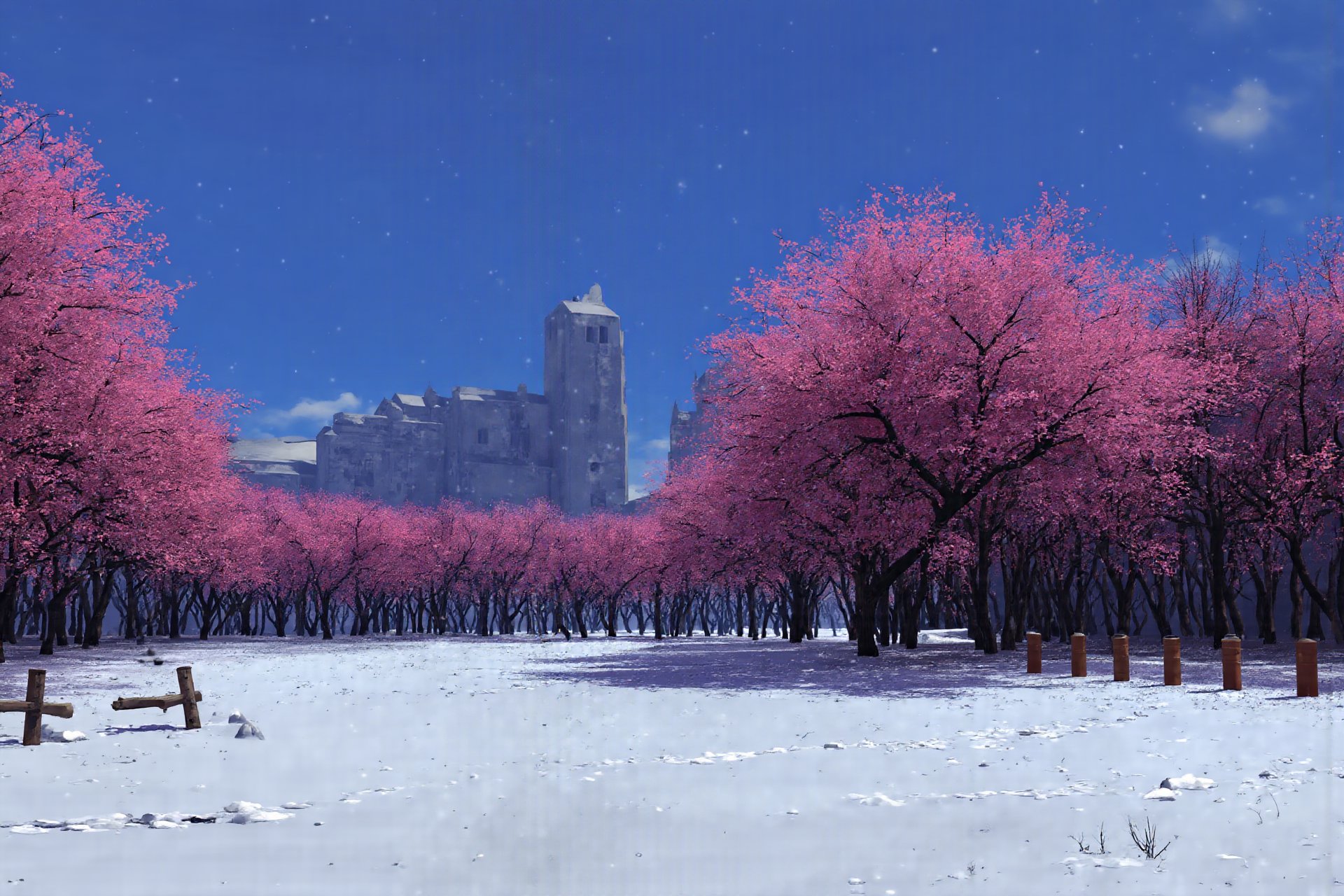 <lora:flux-shock-scenery:1>,The image is a digital art piece that appears to be a landscape with a blue sky and a castle in the background. The trees on the left side of the image are covered in pink cherry blossom trees, which are in full bloom, creating a beautiful contrast with the blue sky. On the right side, there are several wooden poles and wires that are scattered across the ground. The ground is covered in a layer of snow, and there are a few small rocks scattered around. The overall mood of the painting is peaceful and serene, with a sense of serenity and tranquility.