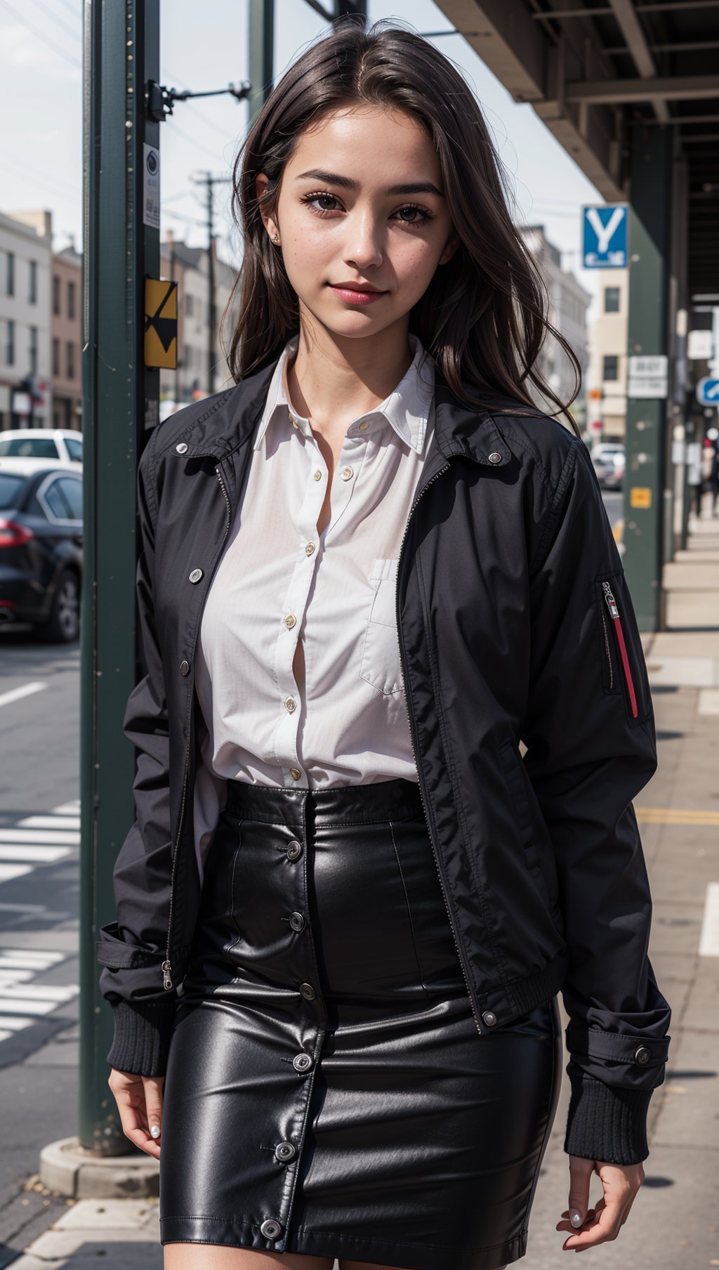 a photograph of (1girl, 23 years old, slight smile),solo,realistic,black eyes,dark skin,looking at viewer,wearing (jacket, button shirt, and pencil skirt),