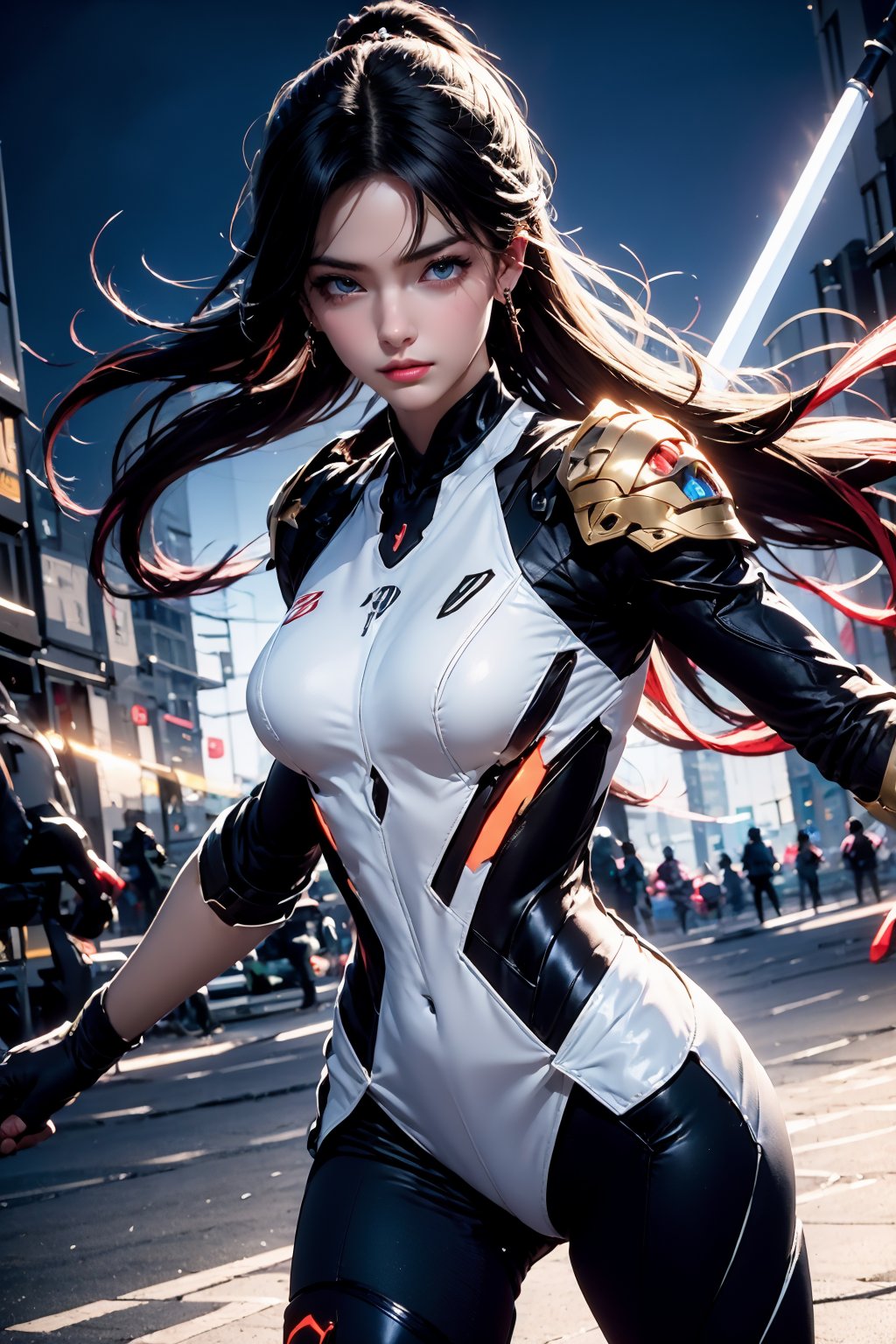 <lora:AgainRealistic_v2.0:1>,AgainRealistic_v2.0, blue eyes, 1girl, black hair, bodysuit, long hair, solo focus, breasts, ponytail, covered navel, night, weapon, outdoors, looking at viewer, jewelry, building, sword, city, earrings, medium breasts, closed mouth, lips, skin tight, armor, red lips, police, v-shaped eyebrows, floating hair, holding weapon, gloves, serious, holding, black gloves, parted bangs, night sky, science fiction, multiple boys, large breasts, black bodysuit, energy sword