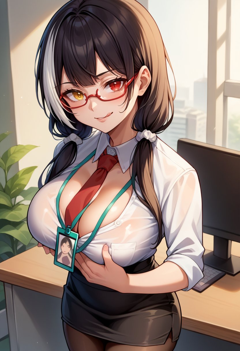 score_9,score_8_up,score_7_up BREAK 1girl,jelorodef,solo,office,standing,breast hold,black hair,streaked hair,low twintails,hair scrunchie,red eyes,heterochromia,yellow eyes,bespectacled,red-framed eyewear,collared shirt,white shirt,cleavage,red necktie,id card,pencil skirt,pantyhose,looking at viewer,licking lips,<lora:Ro635-JeloXL-000007:1>,