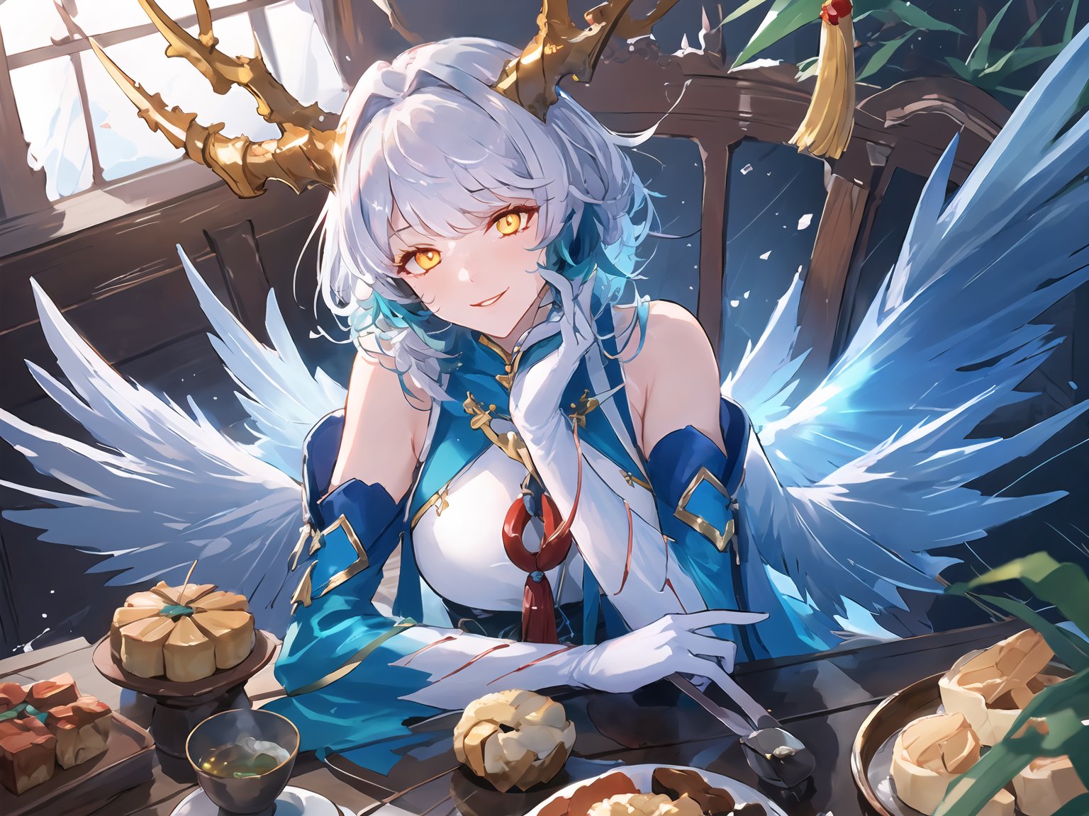 masterpiece,best quality,highres,cinematic lighting,dramatic angle,1girl,horns,white hair,gradient hair,braids,yellow eyes,symbol-shaped pupils, glowing eyes,white dress,bare shoulders,<lora:ShadowverseSilongDividedV11-000030:0.8:lbw=forte>,tassel,elbow gloves,scales,tassel,jewelry,evil smile,shaded face,wings,tail,parted lips,sitting,indoors,wooden architectures,chair,blue sky,window,from above,striahgt-on,close-up,head tilt,arm support,hand on own cheek,table,across table,sake,holding sakazuki,chinese food,dumplings,baozi,mooncake