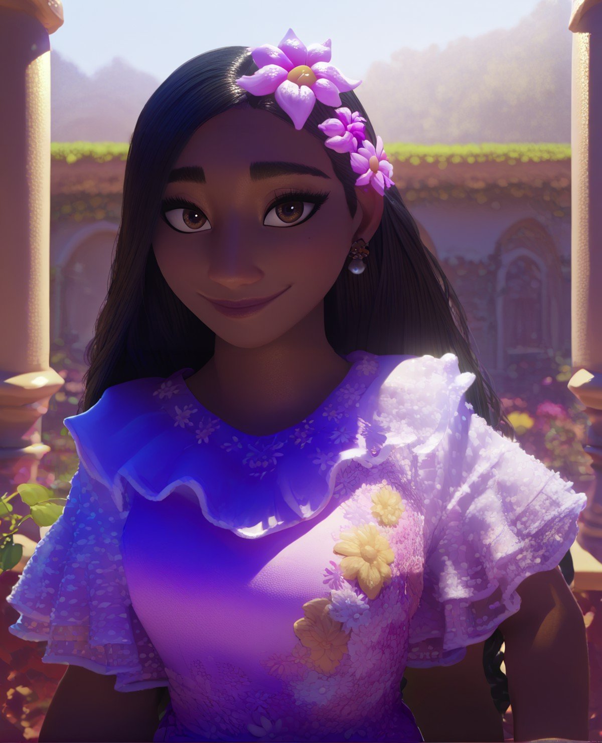 score_9,score_8_up,score_7_up,score_6_up,IsabelaXL,long hair,black hair,brown eyes,hair flower,purple dress,jewelry,floral print,frills,light smile,standing,upper body,morning,garden,looking at viewer,<lora:isabellaxl:1>,