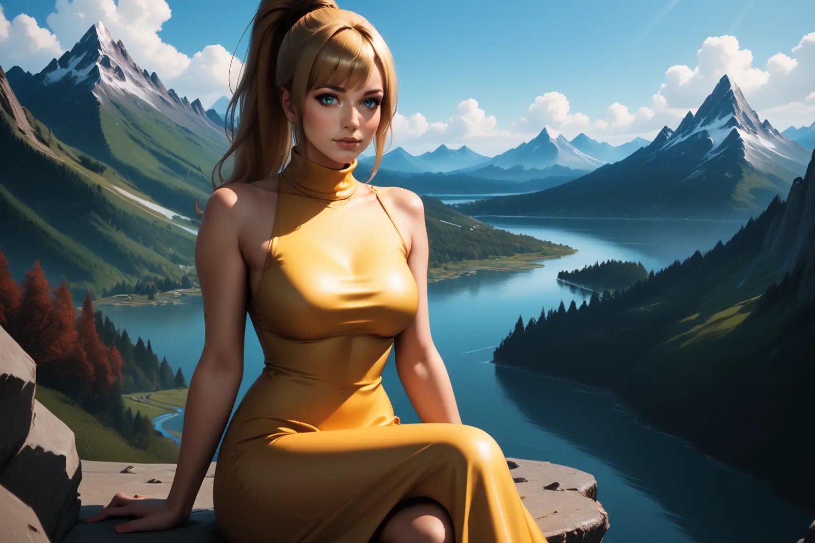 score_9, score_8_up, score_7_up, masterpiece, high quality, realistic, <lora:Samus AranPonyLora:1> 1girl, long hair, ponytail, bangs, turtleneck, yellowdress, sitting on a cliff, mountains and river an background