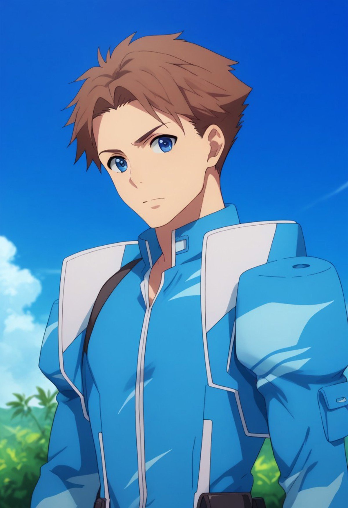 score_9, score_8_up, score_7_up, source_anime, highly detailed, heivia, 1boy, male focus, solo, brown hair, short hair, blue eyes, uniform, military, military uniform, standing, looking at viewer, blue uniform, upper body,outdoor, sky, 