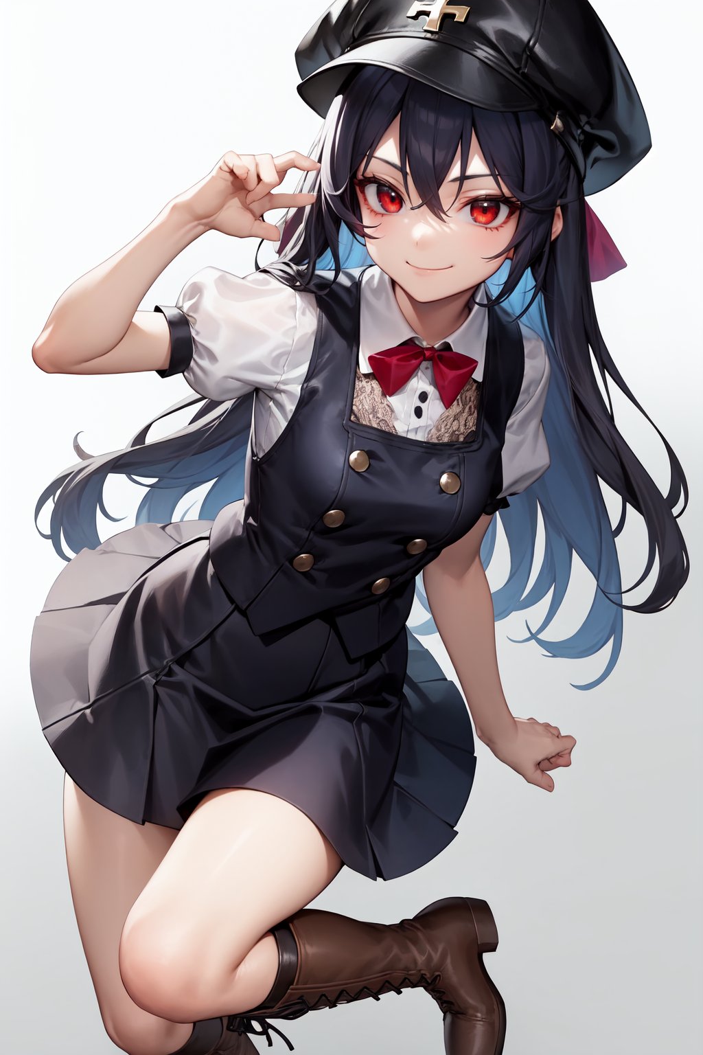 1girl, , black headwear, blue hair, blue skirt, boots, brown footwear, buttons, closed mouth, collared shirt, cross-laced footwear, doyagao, food, fruit, hair between eyes, hat, lace-up boots, long hair, peach, puffy short sleeves, puffy sleeves, rainbow order, red eyes, shirt, short sleeves, simple background, skirt, smile, smug, solo, white background, white shirt, 