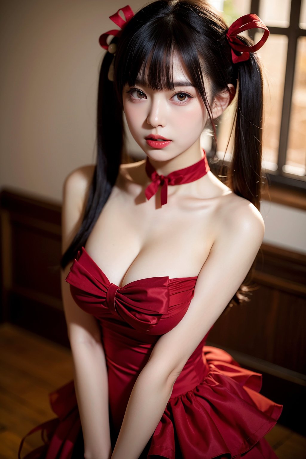 1girl, solo, long hair, breasts, looking at viewer, bangs, black hair, hair ornament, red eyes, dress, ribbon, hair between eyes, bare shoulders, twintails, hair ribbon, upper body, hairband, frills, choker, red ribbon, lips, eyelashes, strapless, bell, red dress, jingle bell, hair bell, red lips