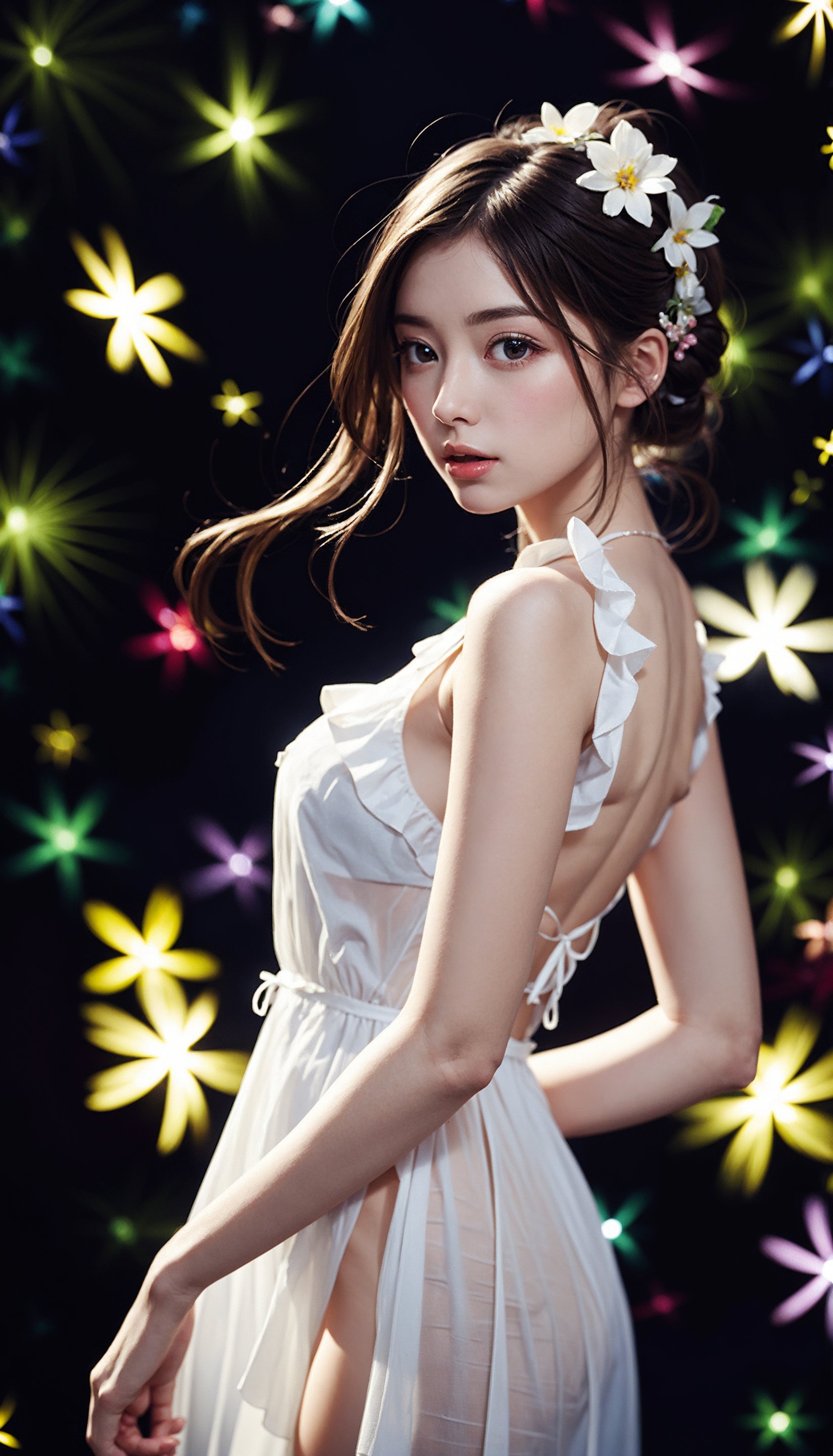 (best quality, masterpiece:1.2),ultra detailed,(photo realistic:1.4),solo,cute girl,see-through white ruffle dress,illumination_flower_background,<lora:IlluminationFlower_v1:0.7>,