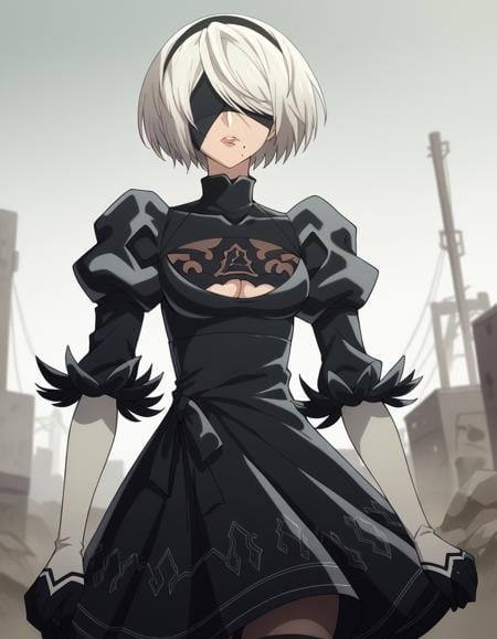 score_9, score_8_up, score_7_up, source_anime,2b, <lora:2b-s1-ponyxl-lora-nochekaiser:1>,2b, yorha no. 2 type b, short hair, white hair, hairband, mole, black hairband, mole under mouth, blindfold, covered eyes, black blindfold,gloves, long sleeves, dress, puffy sleeves, black dress, clothing cutout, cleavage cutout, juliet sleeves, feather-trimmed sleeves,outdoors, wasteland,solo, dutch angle, looking at viewer, cowboy shot,