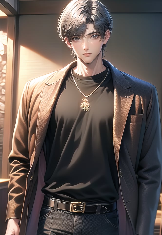 (best quality), ((masterpiece)), (highres), illustration, original, extremely detailed,solo, male focus, 1boy, jewelry, necklace, belt, pants, short hair, looking at viewer, hand in pocket, black shirt, cowboy shot, long sleeves, shirt, grey hair, open clothes, closed mouth, bangs, black pants, coat, standing, jacket, brown eyes, shirt tucked in, black belt