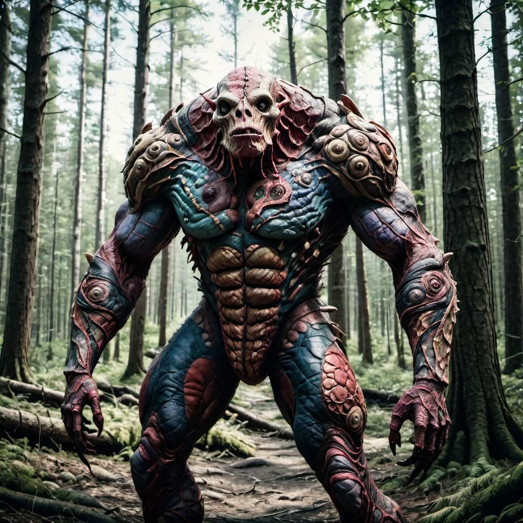 a fleshmutant creature with patchwork skin in the woods,raw photo,cinematic shot