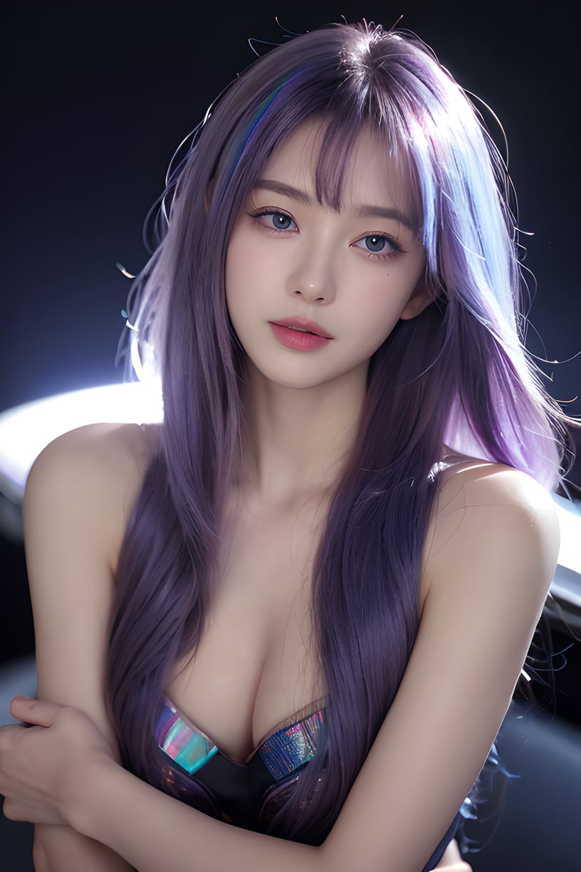 1girl, solo, blue eyes, hair over one eye, smile, looking at viewer, upper body,(holo hair), (close eyes),(purple|blue hair),breasts, lips, bangs, nose, closed mouth, medium breasts, realistic, simple background,(realistic:1.5),masterpiece, Extremely detailed CG unity 8k wallpaper, best quality, highres:1.2),(ultra_detailed, UHD:1.2),(pixiv:1.3),perfect illumination,distinct,unreal engine,sidelighting,perfect face,detailed face,beautiful eyes,pretty face,(bright skin:1.3),idol,ulzzang-6500-v1.1,soft smile,(simple background),(depth of field),(ringed eyes:1.4), (holo,holographic hair,holographic body),water, holo water,  <lora:YG极致写实极品美女:0.75>,