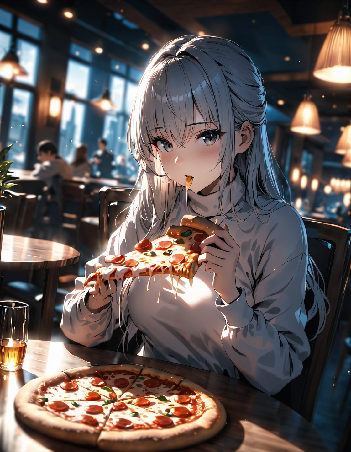 anime,1girl,white long hair,gray eyes, white shirt, long sleeves, turtleneck, sitting, looking at viewer,( eating holding pizza :1.5), pizza, plate, fork, knife, table, chair, table, restaurant, cinematic angle, cinematic lighting, masterpiece, best quality(Depth of field hdr 8k 4k wallpaper cinematic angle, cinematic lighting,:1.5) (masterpiece, best quality:2.0), (Depth of field hdr 8k 4k wallpaper cinematic angle, cinematic lighting,:1.5) (masterpiece, best quality:1.75)