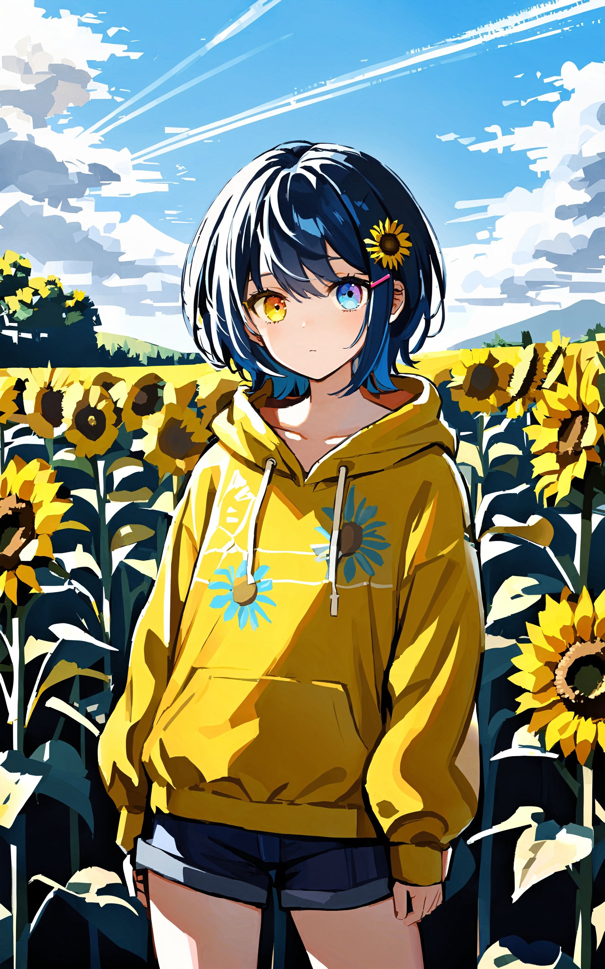 sunflower, 1girl, heterochromia, solo, blue hair, shorts, hoodie, blue eyes, hood, flower, yellow hoodie, outdoors, short hair, looking at viewer, floral print, short shorts, hair ornament, yellow eyes, contrail, yellow flower, hairclip, long sleeves, sky, day, closed mouth    <lora:XLTEST 10:0.75>