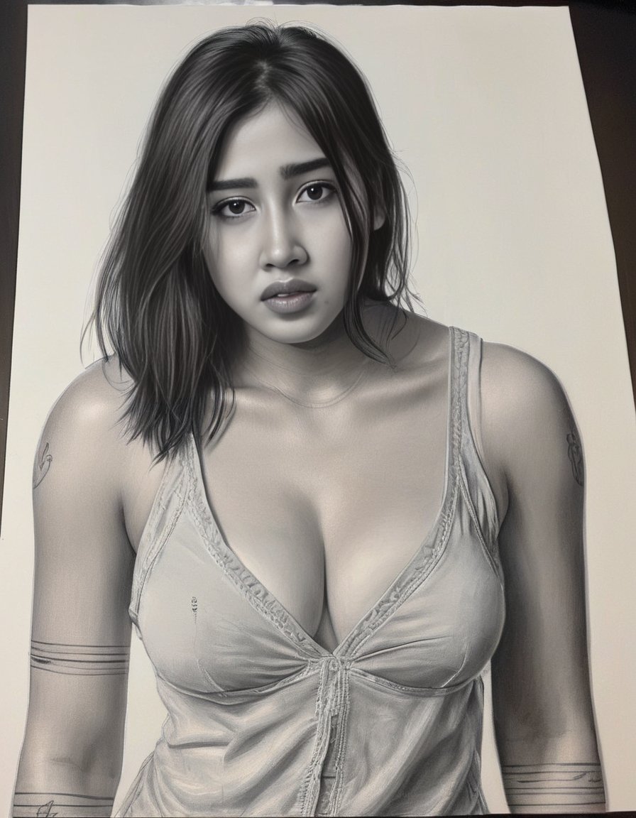 SofiaAnsari,<lora:SofiaAnsariSDXL:1>charcoal drawing of a girl by timothy, in the style of hyper-realistic sci-fi, detailed perfection, hyper-realistic details, realistic human figures, heavy use of palette knives, hyper-realistic pop, frayed