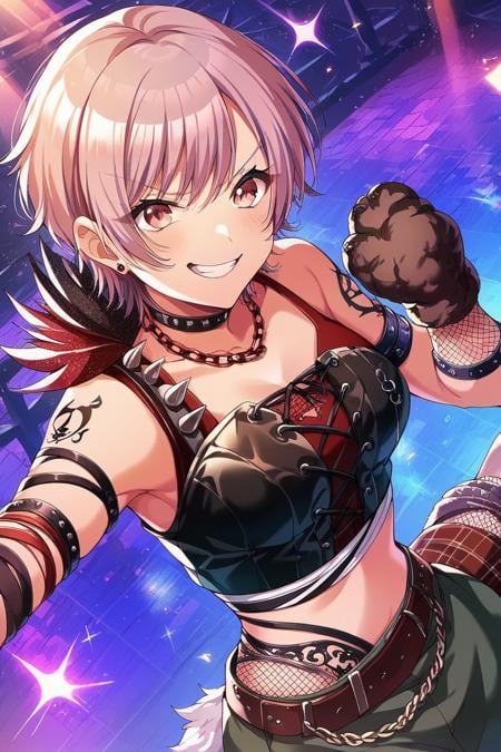 score_9, score_8_up, score_7_up, score_6_up, 1girl, <lora:Weronika:0.9> weronika, short hair, stage outfit, one glove, color lights, club stage,