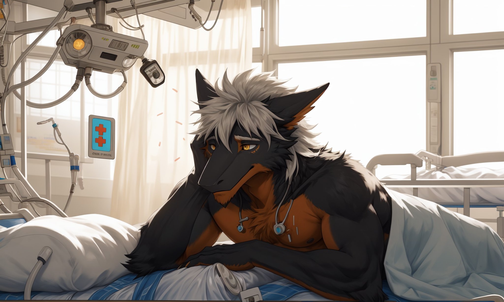 official art, masterpiece, super detailed, (clear focus: 0.6), Gentle gaze, depth of field, perfect lighting, best quality, luxurious,fluffy, anthropologist, male,sergal, (felice: 0.3), hybrid, wake up, (rubs eyes:1.6), (((sleepy))), ((tired)), ((white hairstyle, white beard)) topless, blanket,sitting, on the bed,detailed background, bed linen, beam of light, window, ((hospital room:1.5)), high quality, realism, 8k, clarity of details (black protein, yellow eyes, black pupils) (black body, orange belly, black face)