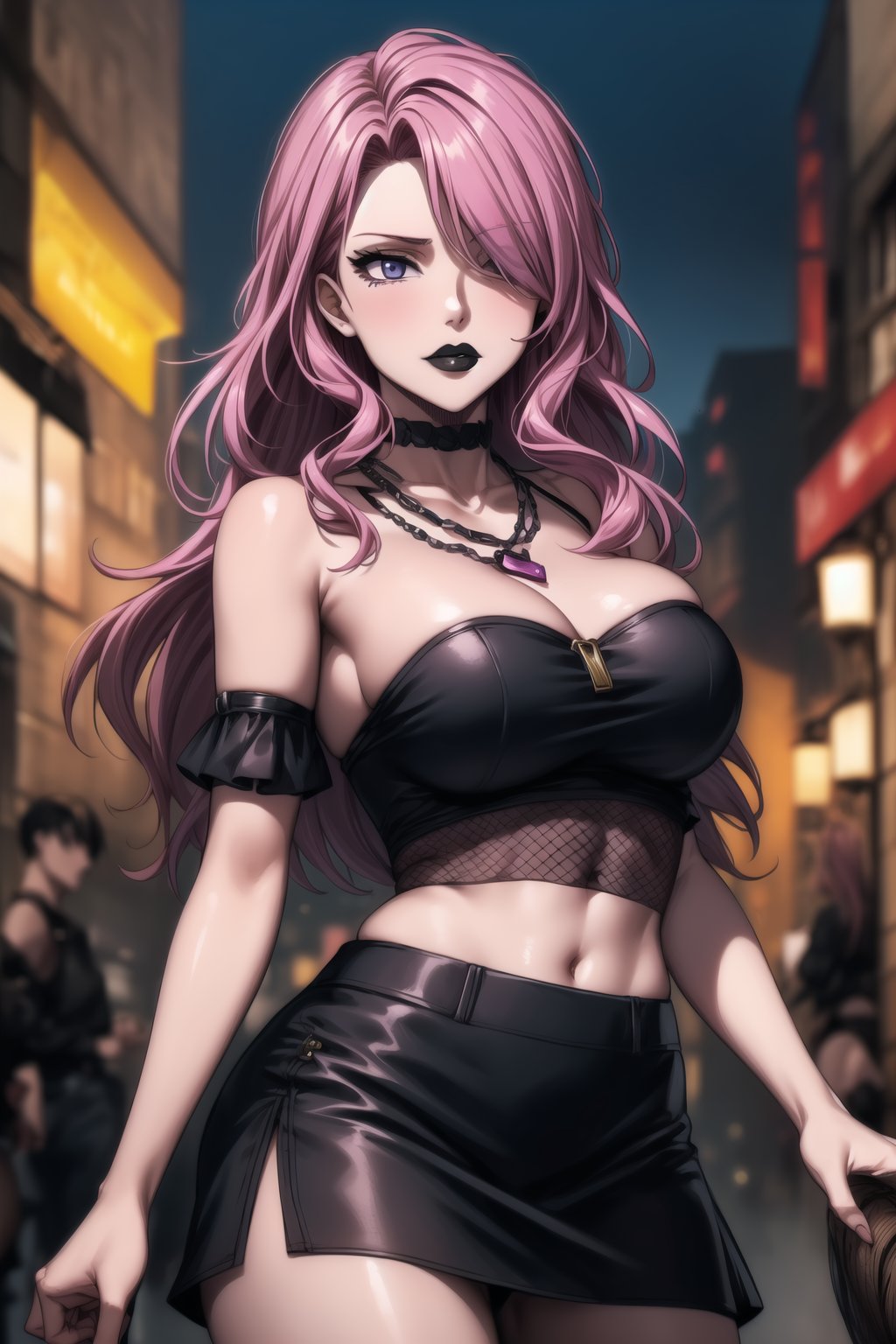 ((best quality)), ((highly detailed)), masterpiece, ((official art)), detailed face, beautiful face, (detailed eyes, deep eyes), seductive posing, (cowboy shot),Vanessa, purple eyes,, (sexy:1.3), (long straight pink hair, dark pink hair, long straight hair, hair covering one eye:1.3), (makeup, black lips:1.3),(  pale white skin, very white skin, goth, long eyelashes, medium to big breasts, black necklace, black fishnet shirt, black tube top, black fishnet shirt over black tube top, black skirt, city street, nighttime)), intricately detailed, hyperdetailed, blurry background, depth of field, best quality, masterpiece, intricate details, tonemapping, sharp focus, hyper detailed, trending on Artstation, 1 girl, high res, official art, ,secre,Vanessa<lora:EMS-401523-EMS:0.800000>, <lora:EMS-263815-EMS:0.600000>, <lora:EMS-93-EMS:0.600000>, <lora:EMS-31593-EMS:0.200000>, <lora:EMS-28161-EMS:0.300000>