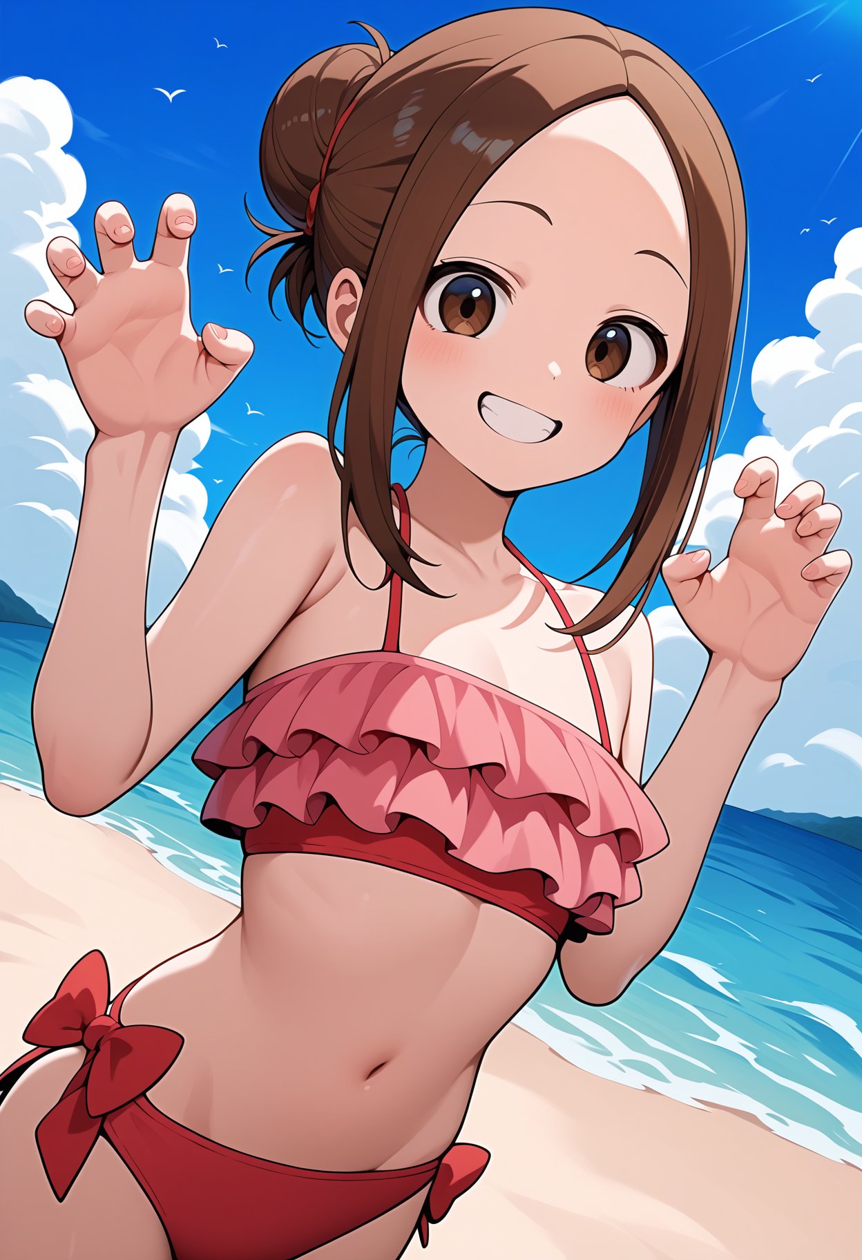 score_9, score_8_up, score_7_up, score_6_up, score_5_up, score_4_up, source_anime, aatakagi, solo, brown hair, single hair bun,, parted bangs, frilled bikini, pink bikini, <lora:takagi-san_ponyxl_v1:0.9>, hands up,  claw pose, smile, beach, sky