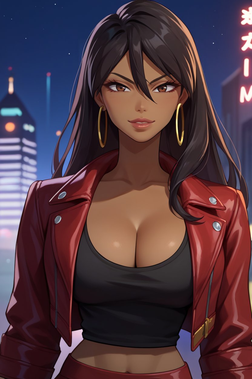 score_9, score_8_up, score_7_up, score_6_up, source_anime, 1girl, solo  <lora:michiko-pdxl-nvwls-v1-000005:1> michiko, black hair, long hair, brown eyes, dark-skinned female, lips, hoop earrings, red jacket, black shirt, cleavage, big breasts, midriff, red skirt, upper body, looking at you, city, night sky, night, seductive smile