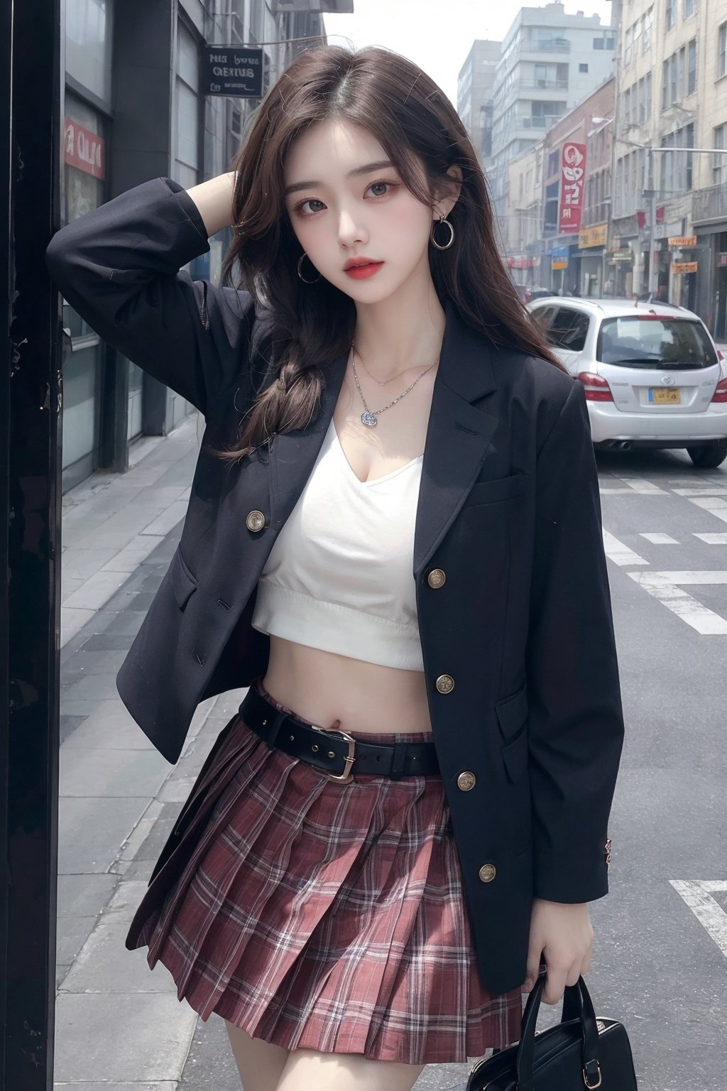 1girl, belt, bracelet, braid, breasts, earrings, jacket, jewelry, long hair, looking at viewer, midriff, nail polish, necklace, open clothes, plaid, plaid skirt, ring, skirt, solo  <lora:jk美女:0.66>