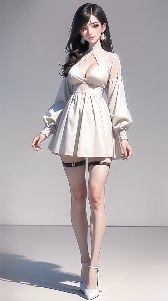 (best quality), ((masterpiece)), (highres), illustration, original, extremely detailed,dbj, 1girl, solo, long hair, full body, white footwear, white background, dress, looking at viewer, earrings, jewelry, white dress, simple background, breasts, standing, long sleeves, closed mouth, thighlet, black hair, bare legs, smile, clothing cutout, cleavage cutout, shoes, bangs, medium breasts, parted bangs, cleavage, brown eyes, floral print, thigh strap