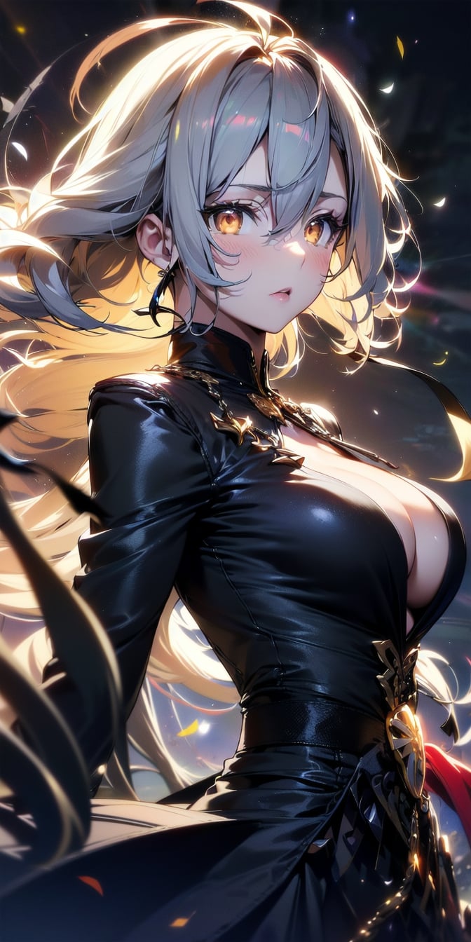 <lora:apstyle3diff:0.75> apstyle3 apstyle masterpiece best quality detailed eyesmasterpiece best quality 1girllong hair (messy hair floating :1.25) severe flow(night dark shadow darkness:1.2)(sunbeam light grow luminescence :1.475)black background blacklarge breasts cleavageupper body  looking at viewer<lora:detail_slider_v4:0.75>