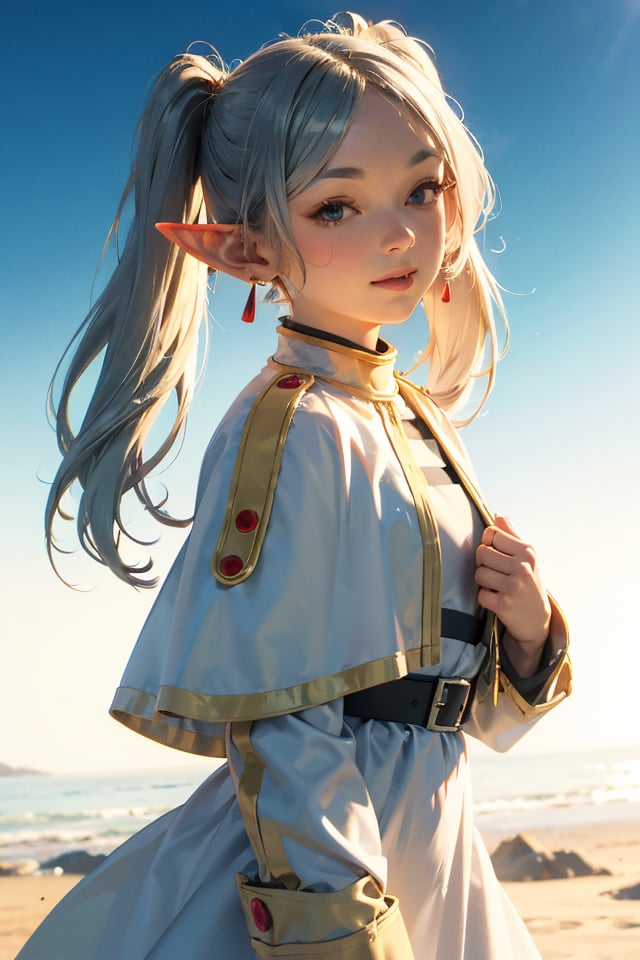 (cinematic:1.5), young, Curvaceous, perfect body proportion, comely, lovesome, hot, petite\(figure\), cute adorable face, shiny big blue eyes, frieren, 1girl, (long silver hair:1.3), pointy ears, twintails, jewelry, elf, earrings, capelet, white capelet, long sleeves, parted bangs, dress, belt, flower, fork, Sharp contrasts, lavishly intricate, with swirling movements, dynamically, medieval city, magic staff, rock castle, charming smile, look at viewer,necklace, detail makeup, detail eyes lashes, flat chest, cliff, wind, from side, ultra high quality, (sharp focus), 8k resolution, cinematic film still, reflection, commercial, hyper detail, scenery, photo-realistic, best quality, extremely detail, hyper detail, extremely high resolution, extremely high res, high resolution, highres, natural volumetric lighting, detailly environment, complicated fantasy background, RAW Photo, Fujifilm, 50mm lens, F/2.8, HDR, sharp focus, style by inoue takehiko <lora:frieren-10:0.9>