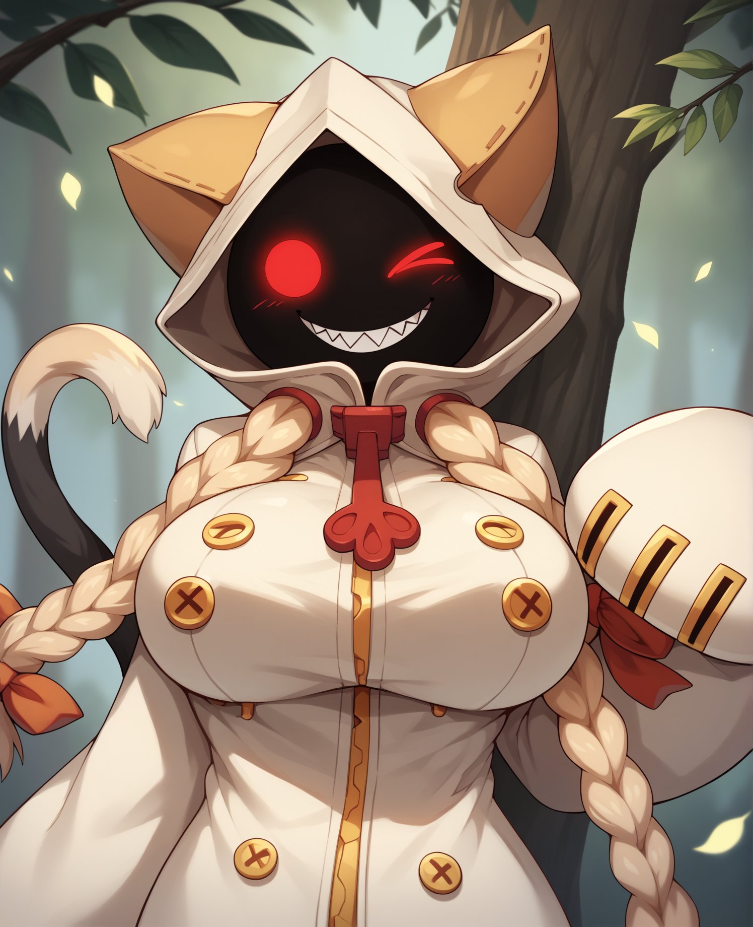 score_9, score_8_up, score_7_up, score_6_up, score_5_up, score_4_up, source_furry, taokaka, animal humanoid, cat humanoid, felid, felid humanoid, feline, feline humanoid, humanoid, kaka \(blazblue\), mammal, mammal humanoid, accessory, big breasts, black body, black fur, black skin, blonde hair, bow \(feature\), bow accessory, bow ribbon, braided hair, breasts, clothed, clothing, empty eyes, fangs, female, fur, furgonomics, hair, hair accessory, hair bow, hair ribbon, heart symbol, hood, hoodie, leaf, long hair, looking at viewer, nipple analogue, one eye closed, plant, red eyes, ribbons, shadow face, sharp teeth, smile, solo, standing, teeth, topwear, tree, white body, white fur, wink, zipper, (simple face:1.2), <lora:taokaka_pdxl:1>
