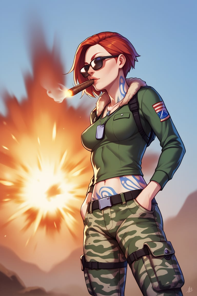 score_9, score_8_up, score_7_up, BREAK , 1girl, solo, breasts, <lora:lilithbl2-guy-v1PONXL:.9>, lilithbl2, tattoo, makeup, army, camouflage, long sleeves, pants, midriff, military uniform, sunglasses, dog tags, outdoors, explosion, smoking, hands in pockets, cigar, 