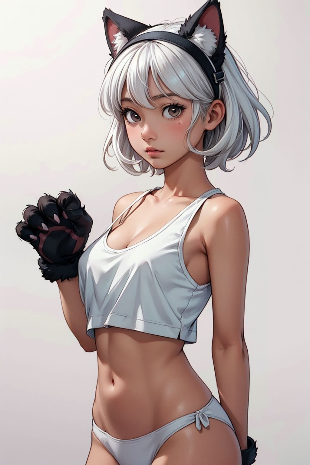 (masterpiece, best quality), intricate details,1girl, cute, solo, monster girl, animal ears, white hair, short hair, brown eyes, tail, medium breasts, navel, white panties, black fur, (animal hands:1.2), tank top, cleavage, (Anime Scene, Toonshading, Satoshi Kon, Ken Sugimori, Hiromu Arakawa:1.2), (Anime Style, Manga Style:1.3), Low detail, sketch, concept art, line art, webtoon, manhua, hand drawn, defined lines, simple shades, minimalistic, High contrast, Linear compositions, Scalable artwork, Digital art, High Contrast Shadows, glow effects, humorous illustration, big depth of field, Masterpiece, colors, concept art, trending on artstation, Vivid colors, dramatic, detailed skin texture, (blush:0.5), (goosebumps:0.5), subsurface scattering