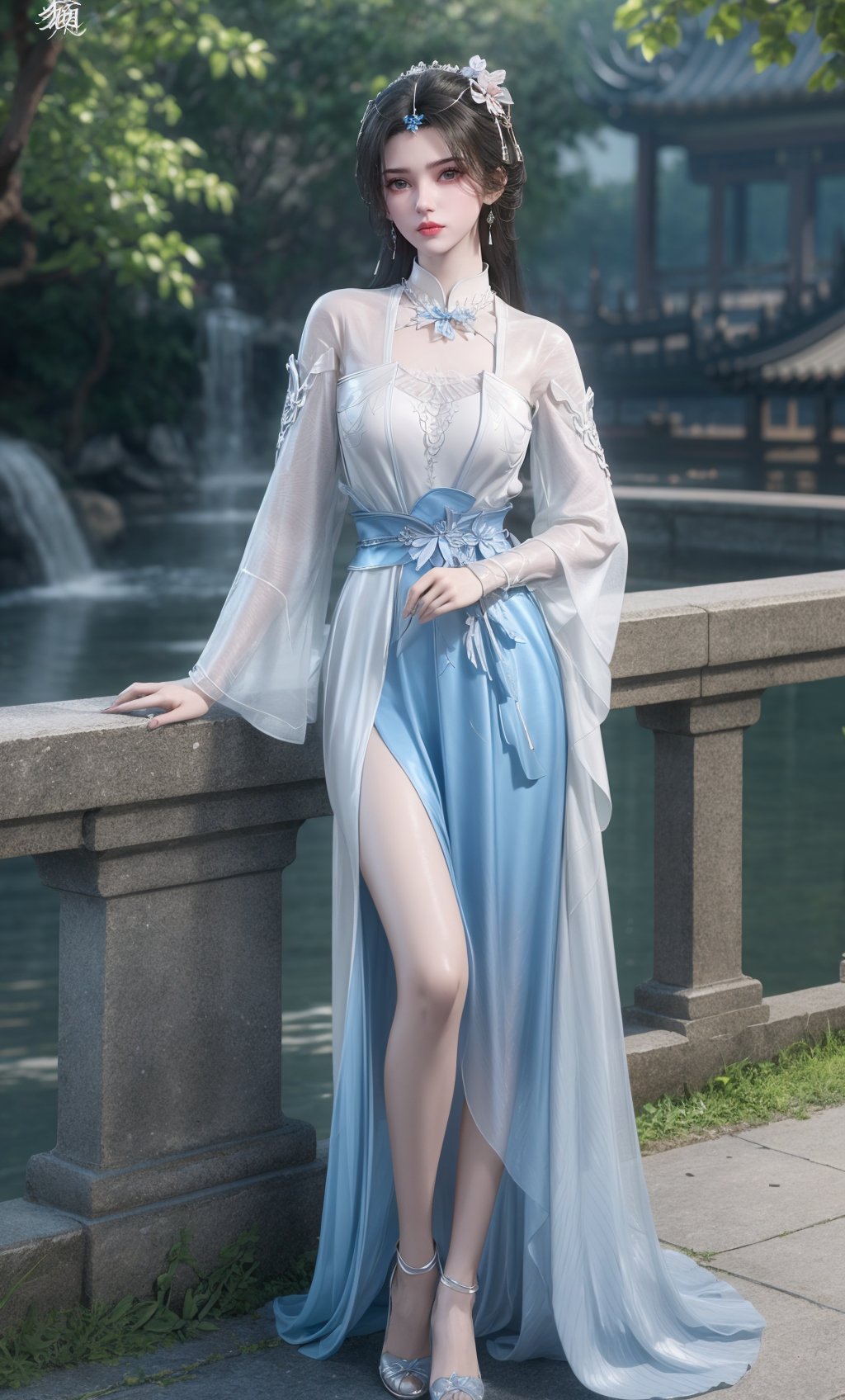 ,,masterpiece,(best quality),official art,extremely detailed cg 8k wallpaper,(extremely delicate and beautiful),,solo,realistic,photo_\(medium\),full body,square-toe heels,facial tattoo,(chinese clothes,, gown, jewelry , long hair,white gown,blue gown, long sleeves),adfxx,1girl,portxx,solo,earrings,flowerhair bun,hair flower,black hair,hair ornament,realistic,<lora:40muwan_v4.1:0.7>,adfxx,