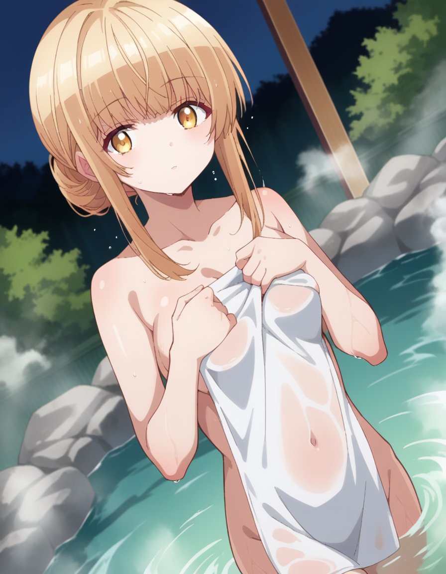 score_9, score_8_up, score_7_up, source_anime,mahirushiina, <lora:mahiru-shiina-s1-ponyxl-lora-nochekaiser:1>mahiru shiina, bangs, blonde hair, brown hair, yellow eyes,nude, naked, outdoors, onsen, towel, naked towel, steam, bathing, nude cover, partially submerged, water, bath, steam censor, wet towel,looking at viewer, dutch angle, cowboy shot