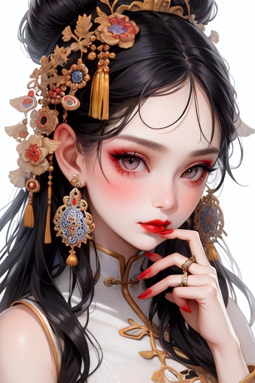 <lora:nicestyle_20240428164033-000002:0.9>,nicestyle,1girl,solo,jewelry,hair ornament,black hair,looking at viewer,earrings,white background,ring,simple background,fingernails,lips,chinese clothes,hair bun,makeup,grey eyes,portrait,closed mouth,red lips,