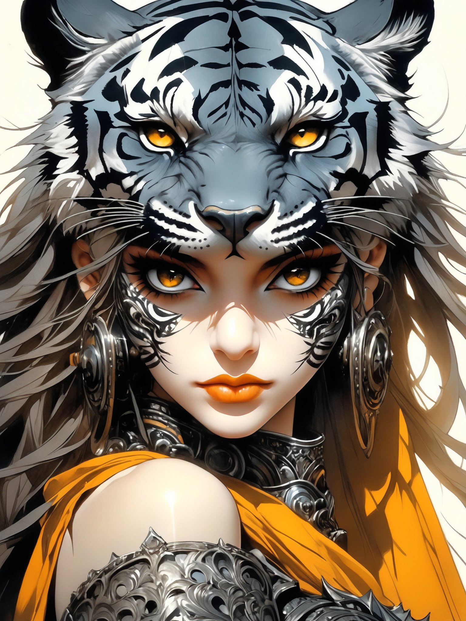 Comic's Luis Royo style, human wearing a mask made of steel, face figure a tiger, great helm made of iron covering the entire head, little tiger's ears on it, sketch, dark fantasy, illustration, epic action, Unreal Engine, cinematic award winning artwork, many details, extreme detailed, full of details,Wide range of colors., dramatic, Dynamic,Cinematic,Sharp details, Insane quality. Insane resolution. Insane details. Masterpiece. 32k resolution. casting shadow style, cucoloris patterned illumination,  dvr-lnds-sdxl, ral-dissolve, ral-ertmsphr, ral-porcelain, ral-pxlprtcl, Niji, aidma-niji