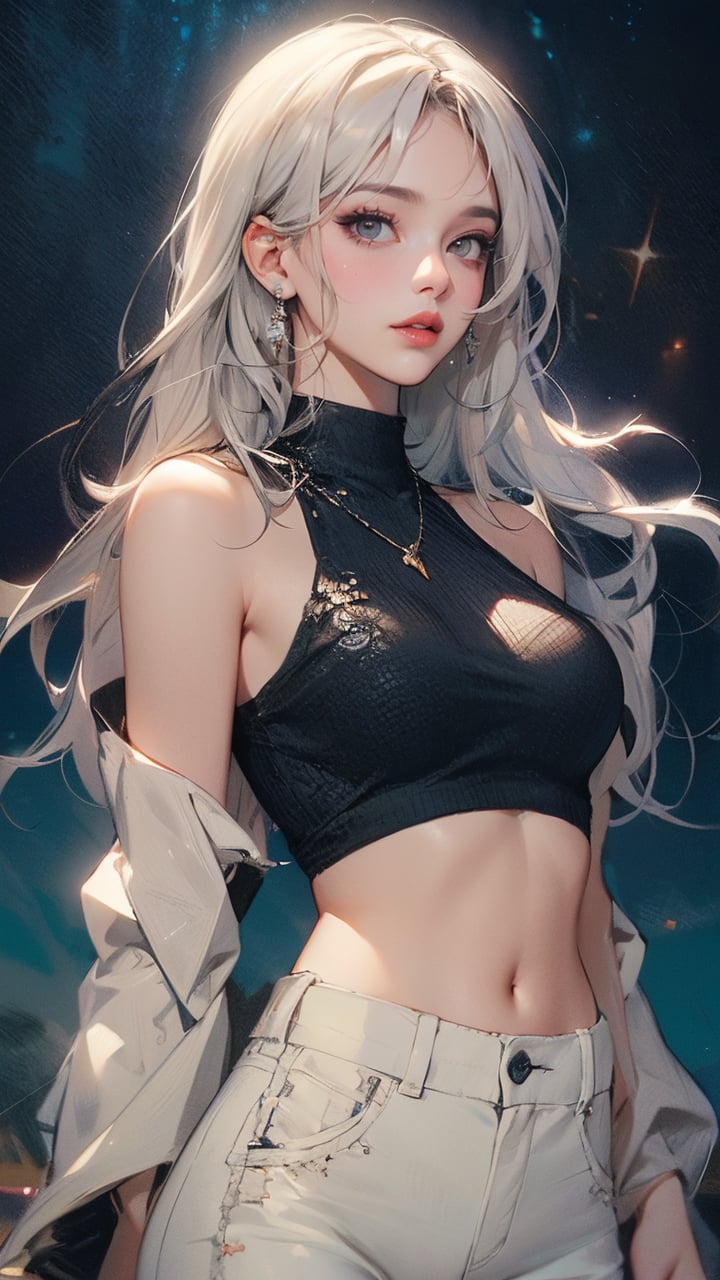 1girl, solo, long hair, breasts, looking at viewer, bangs, blue eyes, shirt, long sleeves, navel, bare shoulders, jewelry, big breasts, standing, white hair, cowboy shot, earrings, parted lips, sleeveless, midriff, pants, necklace, off shoulder, star \(symbol\), lips, crop top, see-through, parted bangs, sleeveless shirt, night, turtleneck, star \(sky\), white pants, high-waist pants, sparkle core, RAW photo, (masterpiece:1.3), subsurface scattering, heavy shadow, (high quality:1.4), (intricate, high detail:1.2), professional photography, HDR, High Dynamic Range, realistic, ultra realistic, photorealistic, high resolution, film photography, DSLR, 8k uhd, Fujifilm XT3