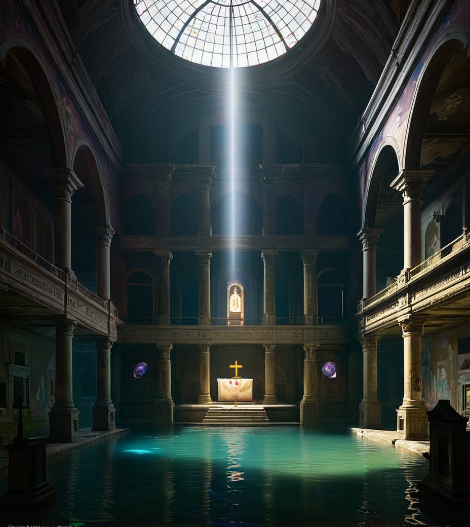 (Game CG style:1.2),((an extremely delicate and beautiful)),floating, (detailed wet clothes), (detailed light),feather, nature, (sunlight), river, floating palace, beautiful and delicate water,(bloom),(shine),Game CG style,this is an abandoned church or temple,surrounded by darkness,with only a faint light illuminating the central area. in the center stands a huge altar with two silhouetted figures facing each other. around the altar are scattered statues and relics,some lying on the ground,while others are still standing. the walls and ceiling of the building are adorned with intricate carvings and murals depicting religious scenes. there's a sense of mystery and eeriness in the air,