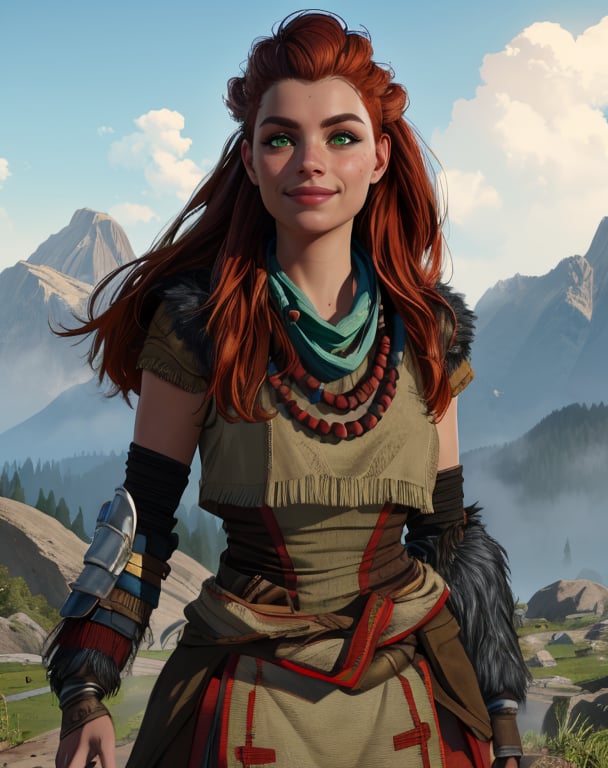 aloy,green eyes,red hair,long hair,tribal,dress,necklace,gauntlets,standing,smile,outdoors,science fiction,(insanely detailed, masterpiece, best quality),solo,<lora:aloy-10HFWv8:0.7>,