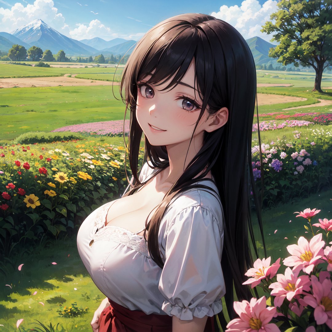 (pixiv), (anime style:1.331), masterpiece, best quality, highly detailed, absurdres, illustration, official art, 1girl, solo, mature female, big breasts, hazel eyes, long eyelashes, brunette, long hair, frilly dress, smile, close up, wide angle, bright, sunny, sky, wide grasslands, flowers, mountain range, scenery, vivid color, perfect light, perfect shadow