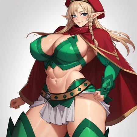 (masterpiece, best quality:1.3), DrakkaiArt, 1girl, solo, looking at viewer, wide hips, mature female, closed mouth, seductive smile, large breasts, cowboy shot, muscular female, thick thighs, <lora:DrakkaiArt Style Lora:.85>, alleyne, elf, side braid, beret, cape, skirt, thighhighs, green footwear, thigh boots, midriff, cleavage   <lora:queensblade_alleyne:.8>