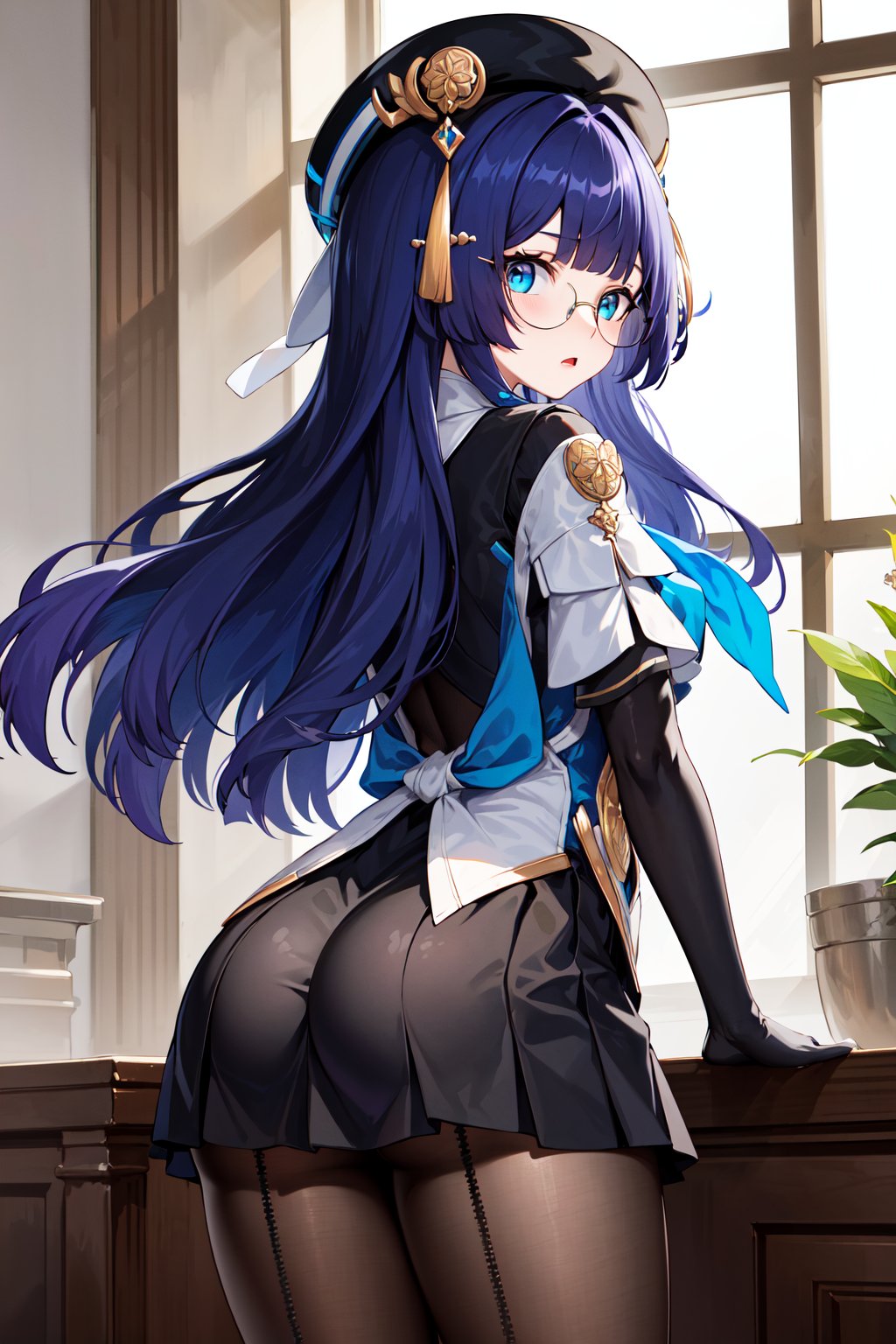 masterpiece, best quality, highres, aapela, long hair, hat, black headwear, hair ornament, glasses, blue neckerchief, dress, elbow gloves, black gloves, pleated skirt, black skirt, black pantyhose, <lora:pela_v1:0.7>, from behind, indoors, ass, looking at viewer, embarrassed, 