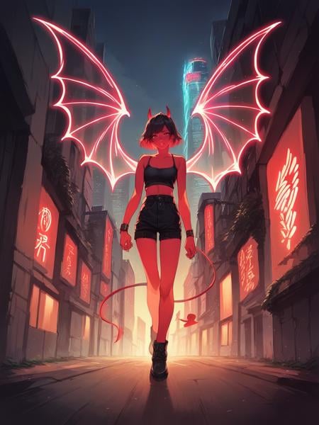 score_9, score_8_up, score_7_up, score_6_up, score_5_up,  source_anime,  <lora:n30nw1ngsXLP2:0.8> n30nw1ngs, neon light wings, wings, demon, cityscape, 