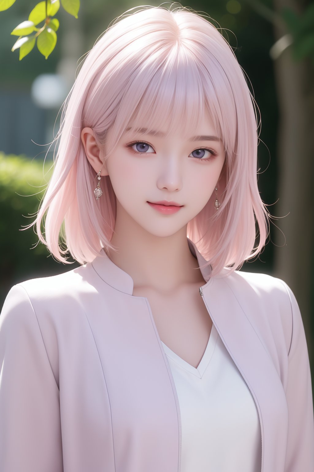 (masterpiece, best quality), intricate details, thin, ((slim)), beautiful girl, Light pink hair, white skin, light purple eyes, sharp jawline, cropped jacket, messy hair, lips, upper body, close up, smirk, outdoors, 